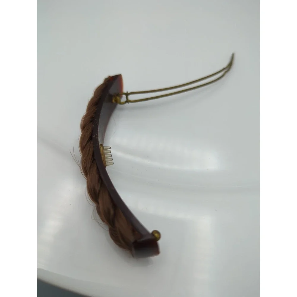 Vintage Metal & Celluloid Faux Hair Braid Barrette 3.5‎ in long Brunette Brown